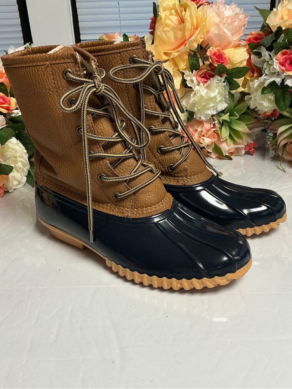 Sporto Dakota Duck Boots Women’s 8 Brown Navy Faux Fur Waterproof Rain Snow Lace
